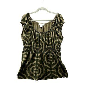 Michael Kors Off Shoulder Top Womens L Short Sleeve Babydoll Army Green Camo